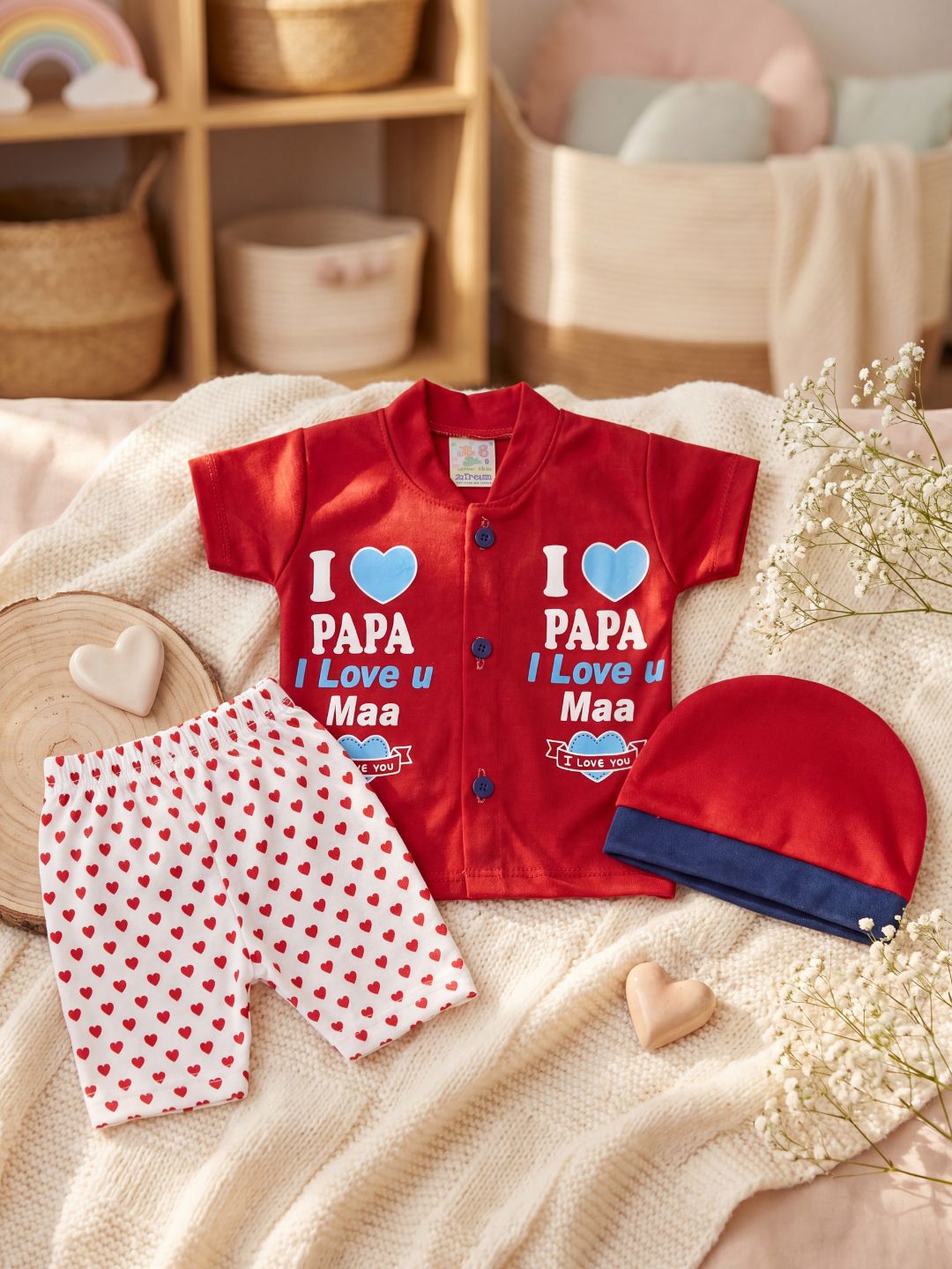 Cute "I Love Papa & Mama" 3-Piece Baby Outfit Set (Red) - Includes Shirt, Pants & Cap