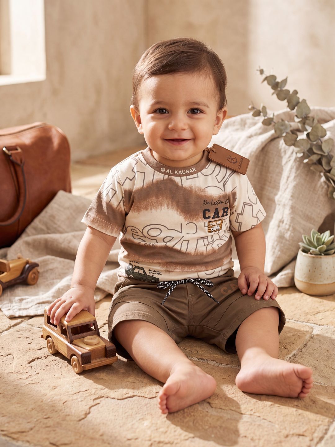 Premium Boys Vintage Car Graphic 2-Piece Summer Set – Beige & Khaki