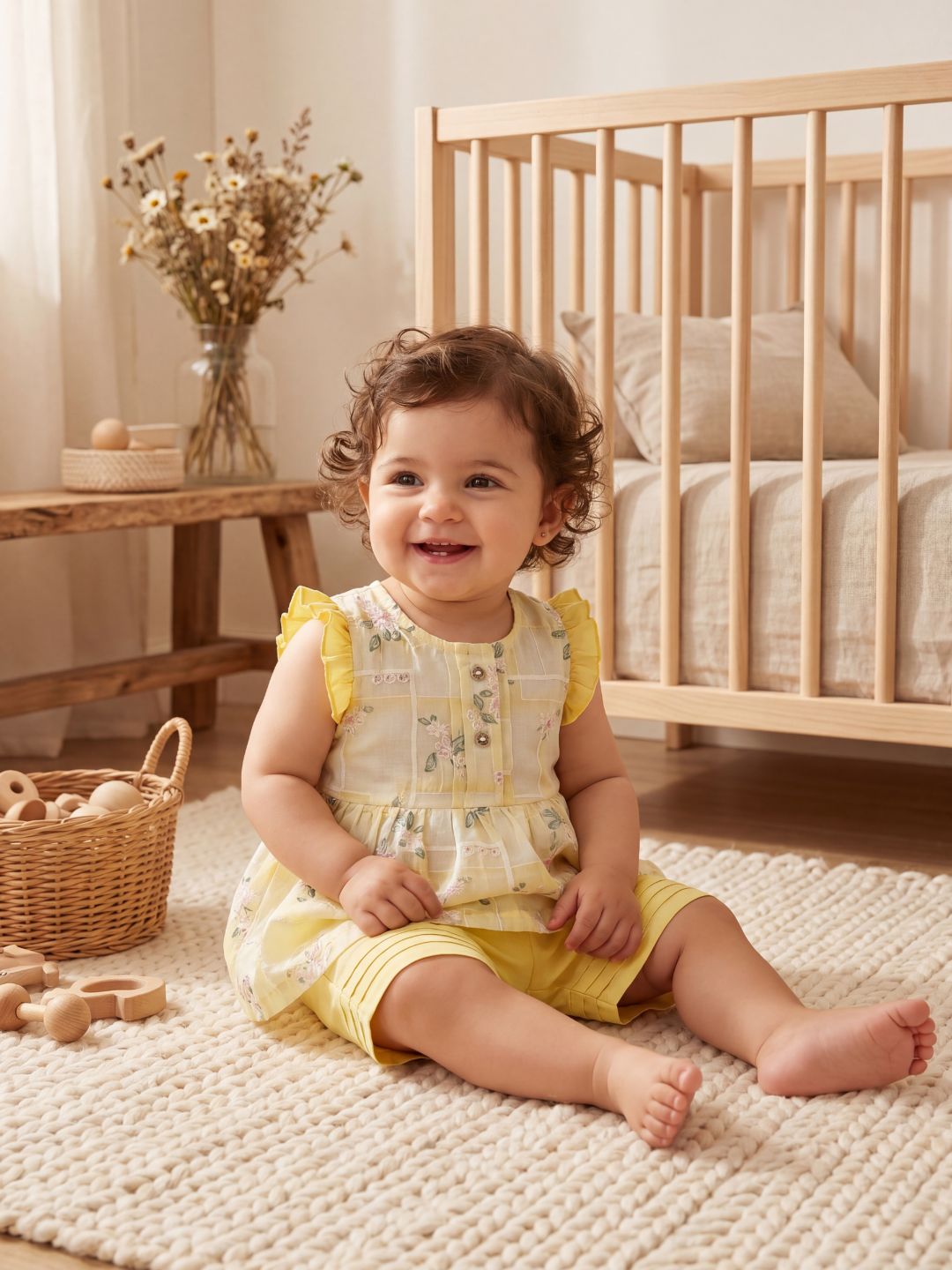 Girls Sweet Summer 2-Piece Set: Yellow Floral Peplum Top & Pleated Shorts
