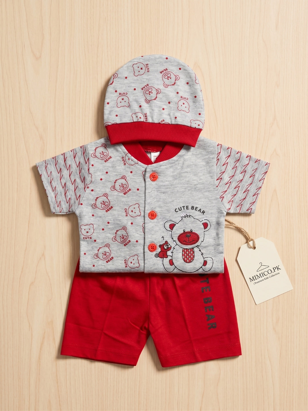 3-Piece "Cute Bear" Baby Summer Outfit | Grey & Red Cotton Blend Suit with Matching Cap