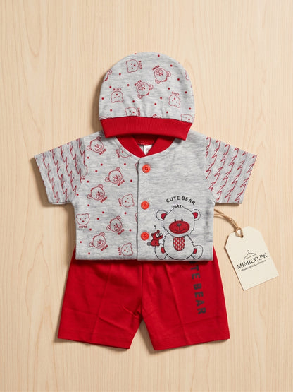 3-Piece "Cute Bear" Baby Summer Outfit | Grey & Red Cotton Blend Suit with Matching Cap