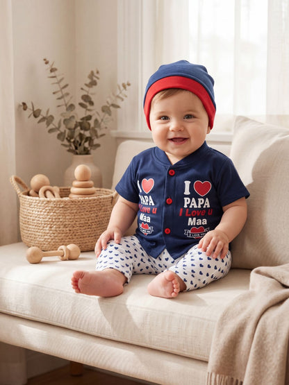 Cute "I Love Papa & Maa" 3-Piece Baby Outfit Set (Navy Blue) - Includes Shirt, Pants & Cap