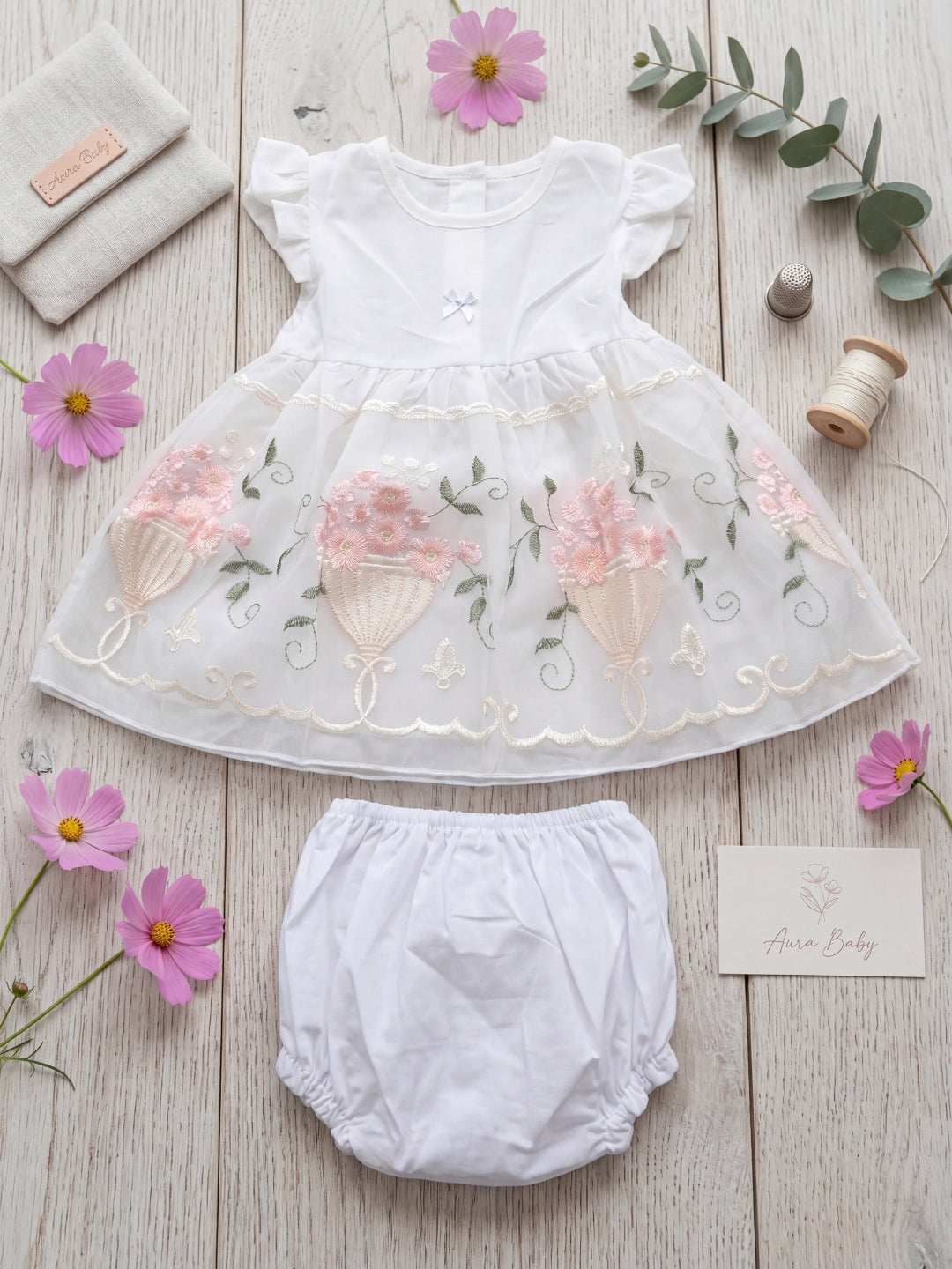"Enchanted Garden" 2-Piece Baby Girl Embroidered Dress & Bloomers Set - White/Pink