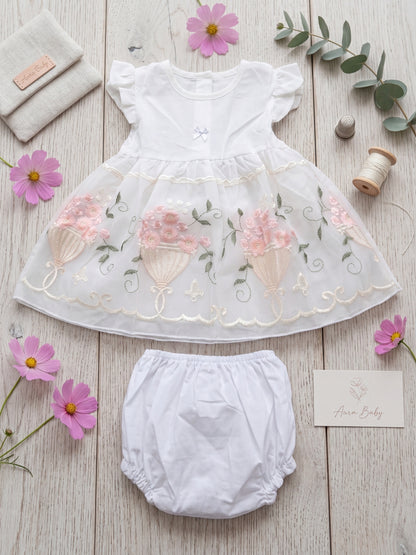 "Enchanted Garden" 2-Piece Baby Girl Embroidered Dress & Bloomers Set - White/Pink