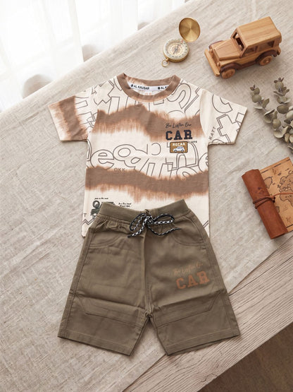 Premium Boys Vintage Car Graphic 2-Piece Summer Set – Beige & Khaki