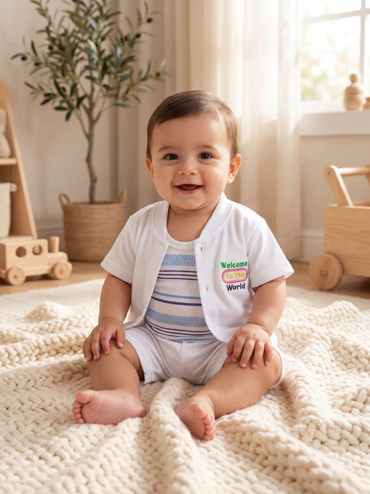 Premium Cotton Newborn Welcome Gift Set 3-Piece Baby Set - White Button Shirt, Shorts, & Striped