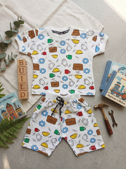 Unisex 2-Piece Summer Outfit: Construction Print T-Shirt & Shorts Set