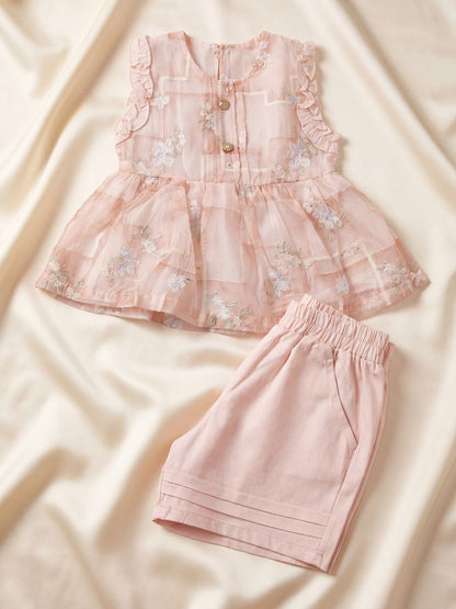 Girls Sweet Summer 2-Piece Set: Blush Pink Floral Peplum Top & Pleated Shorts