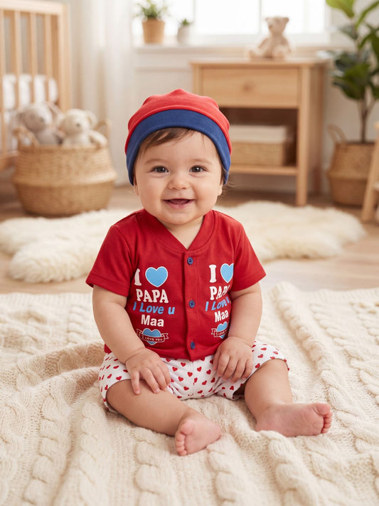 Cute "I Love Papa & Mama" 3-Piece Baby Outfit Set (Red) - Includes Shirt, Pants & Cap