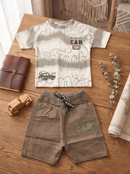 Premium Boys 2-Piece Vintage Car Graphic T-Shirt and Shorts Set – Olive & Khaki