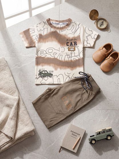 Premium Boys Vintage Car Graphic 2-Piece Summer Set – Beige & Khaki