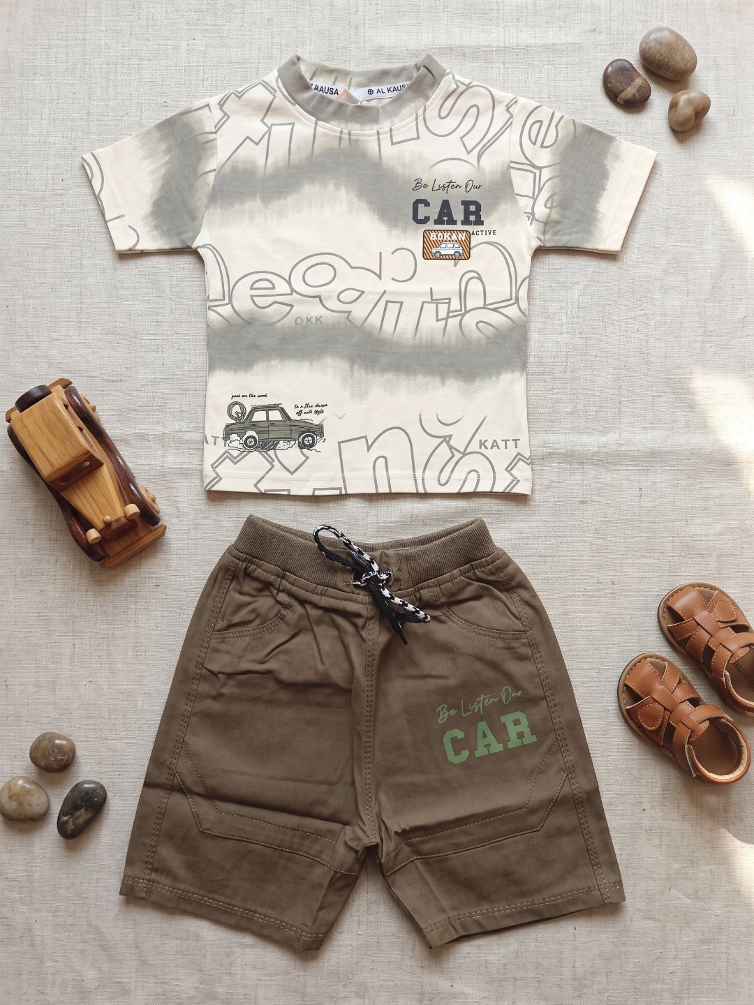 Premium Boys 2-Piece Vintage Car Graphic T-Shirt and Shorts Set – Olive & Khaki
