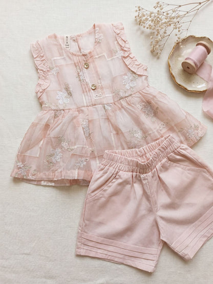 Girls Sweet Summer 2-Piece Set: Blush Pink Floral Peplum Top & Pleated Shorts