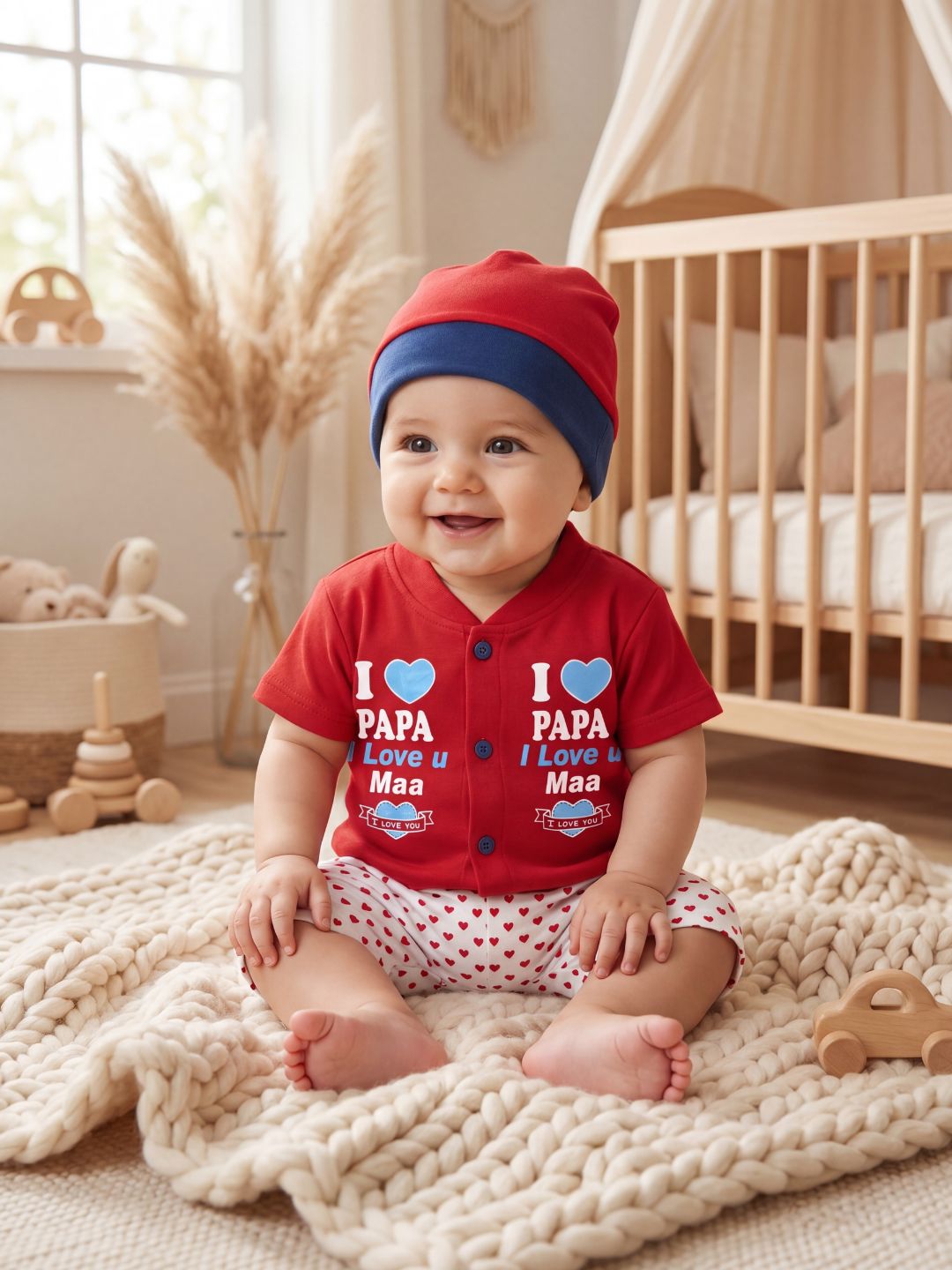 Cute "I Love Papa & Mama" 3-Piece Baby Outfit Set (Red) - Includes Shirt, Pants & Cap