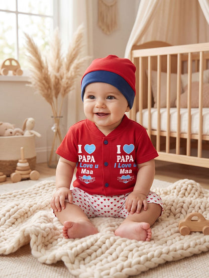 Cute "I Love Papa & Mama" 3-Piece Baby Outfit Set (Red) - Includes Shirt, Pants & Cap