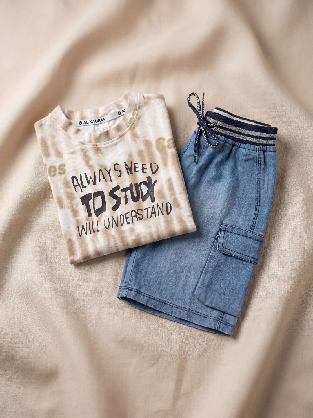 Premium Boys Casual Summer 2-Piece Set: Beige Tie-Dye Graphic Tee & Denim-Style Shorts