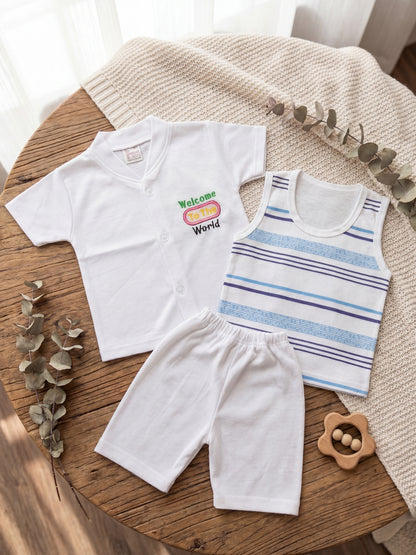 Premium Cotton Newborn Welcome Gift Set 3-Piece Baby Set - White Button Shirt, Shorts, & Striped