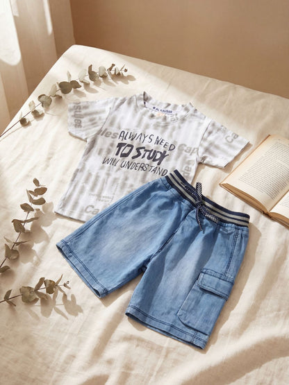 Premium Boys Casual Summer 2-Piece Set: Grey Tie-Dye Graphic Tee & Denim-Style Shorts