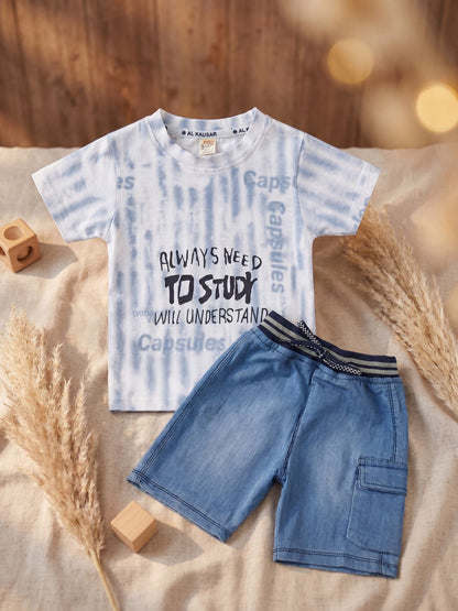 Premium Boys Casual Summer 2-Piece Outfit: Blue Tie-Dye Graphic Tee & Denim-Style Shorts