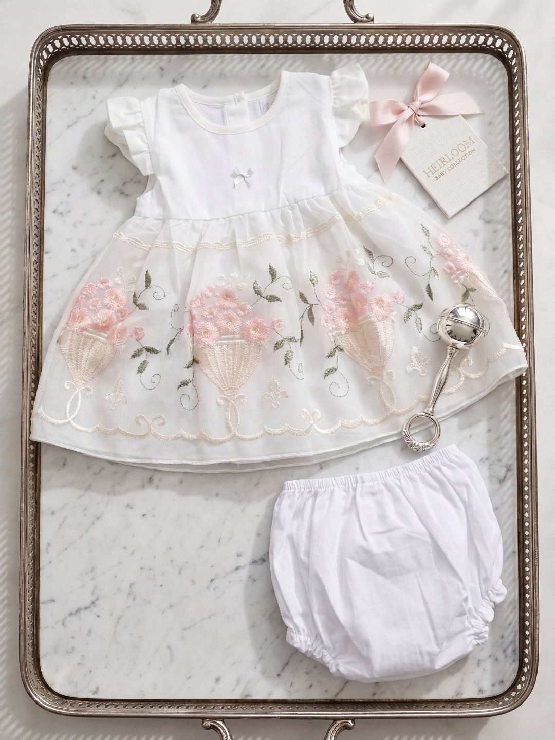 "Enchanted Garden" 2-Piece Baby Girl Embroidered Dress & Bloomers Set - White/Pink