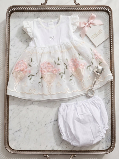 "Enchanted Garden" 2-Piece Baby Girl Embroidered Dress & Bloomers Set - White/Pink