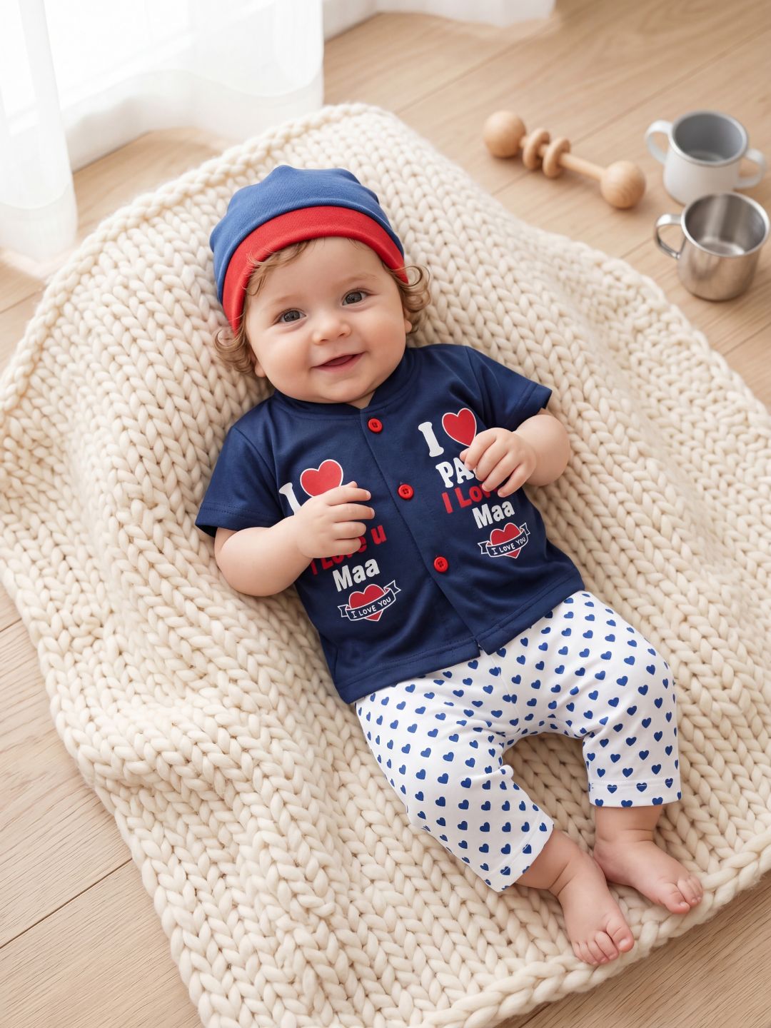 Cute "I Love Papa & Maa" 3-Piece Baby Outfit Set (Navy Blue) - Includes Shirt, Pants & Cap
