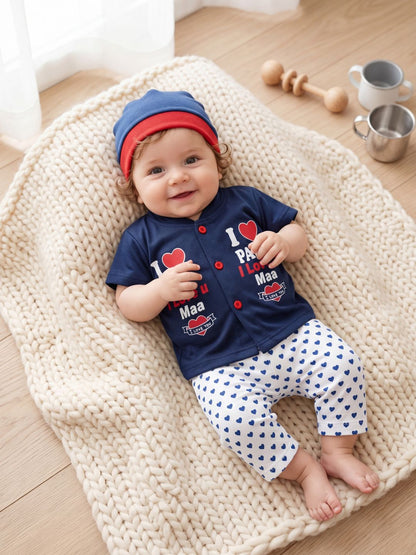 Cute "I Love Papa & Maa" 3-Piece Baby Outfit Set (Navy Blue) - Includes Shirt, Pants & Cap