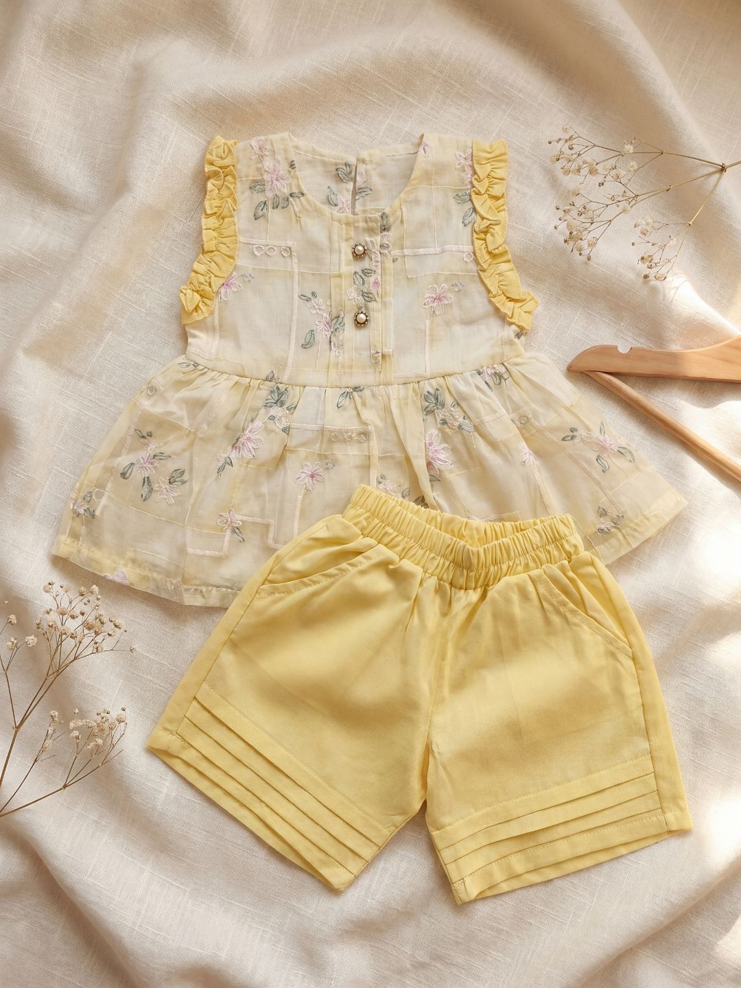 Girls Sweet Summer 2-Piece Set: Yellow Floral Peplum Top & Pleated Shorts