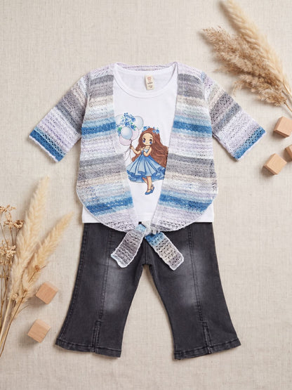3-Piece Outfit Set: Graphic Tee, Striped Tie-Front Shrug & Faded Black Jeans