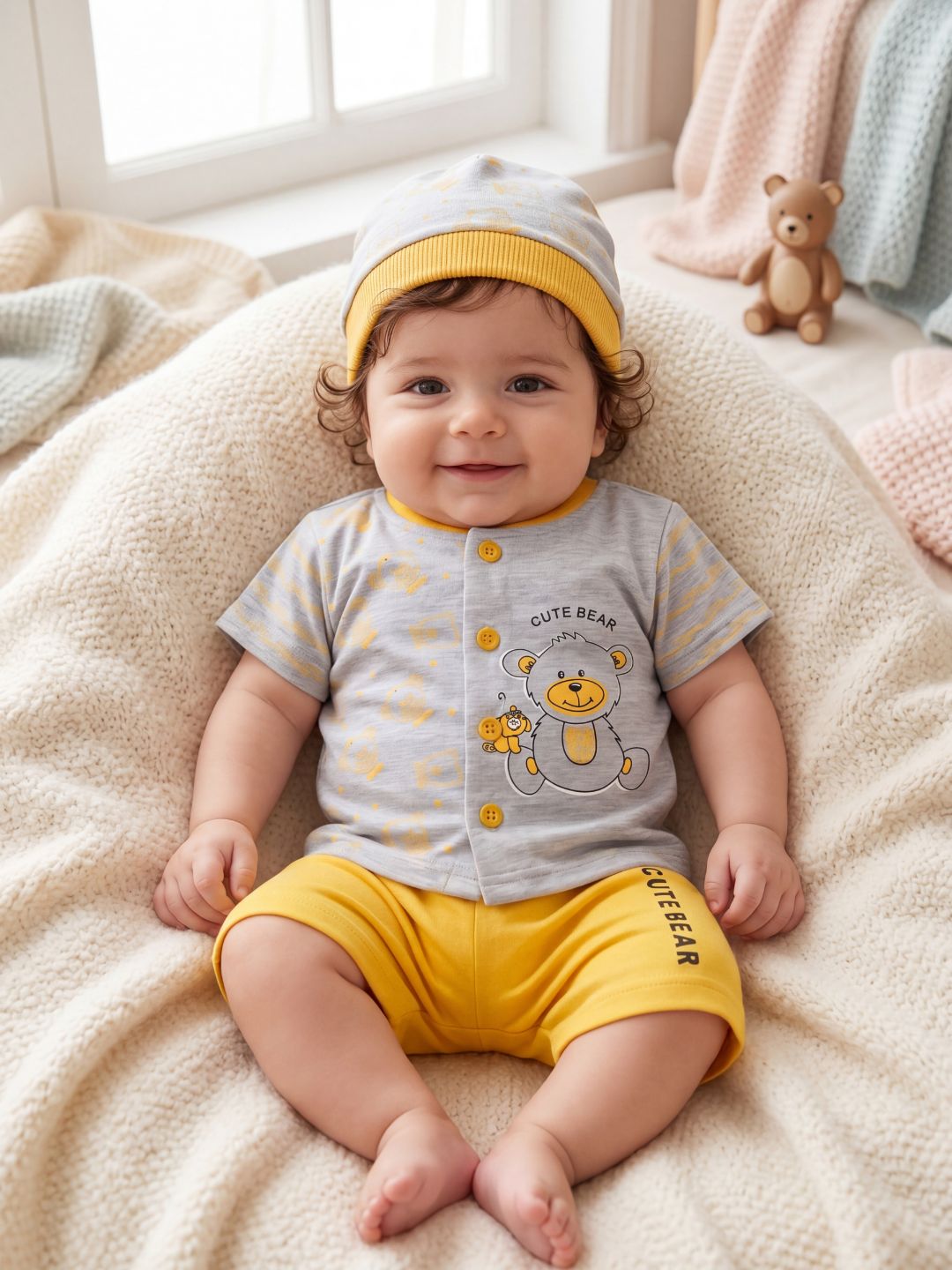 "Cute Bear" 3-Piece Baby Boy Summer Set (Shirt, Shorts & Cap) - Grey/Yellow