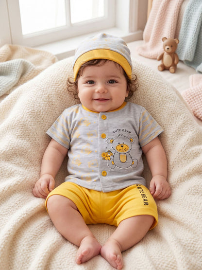 "Cute Bear" 3-Piece Baby Boy Summer Set (Shirt, Shorts & Cap) - Grey/Yellow