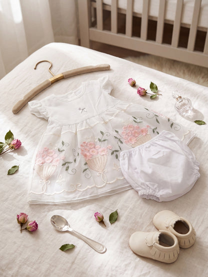 "Enchanted Garden" 2-Piece Baby Girl Embroidered Dress & Bloomers Set - White/Pink