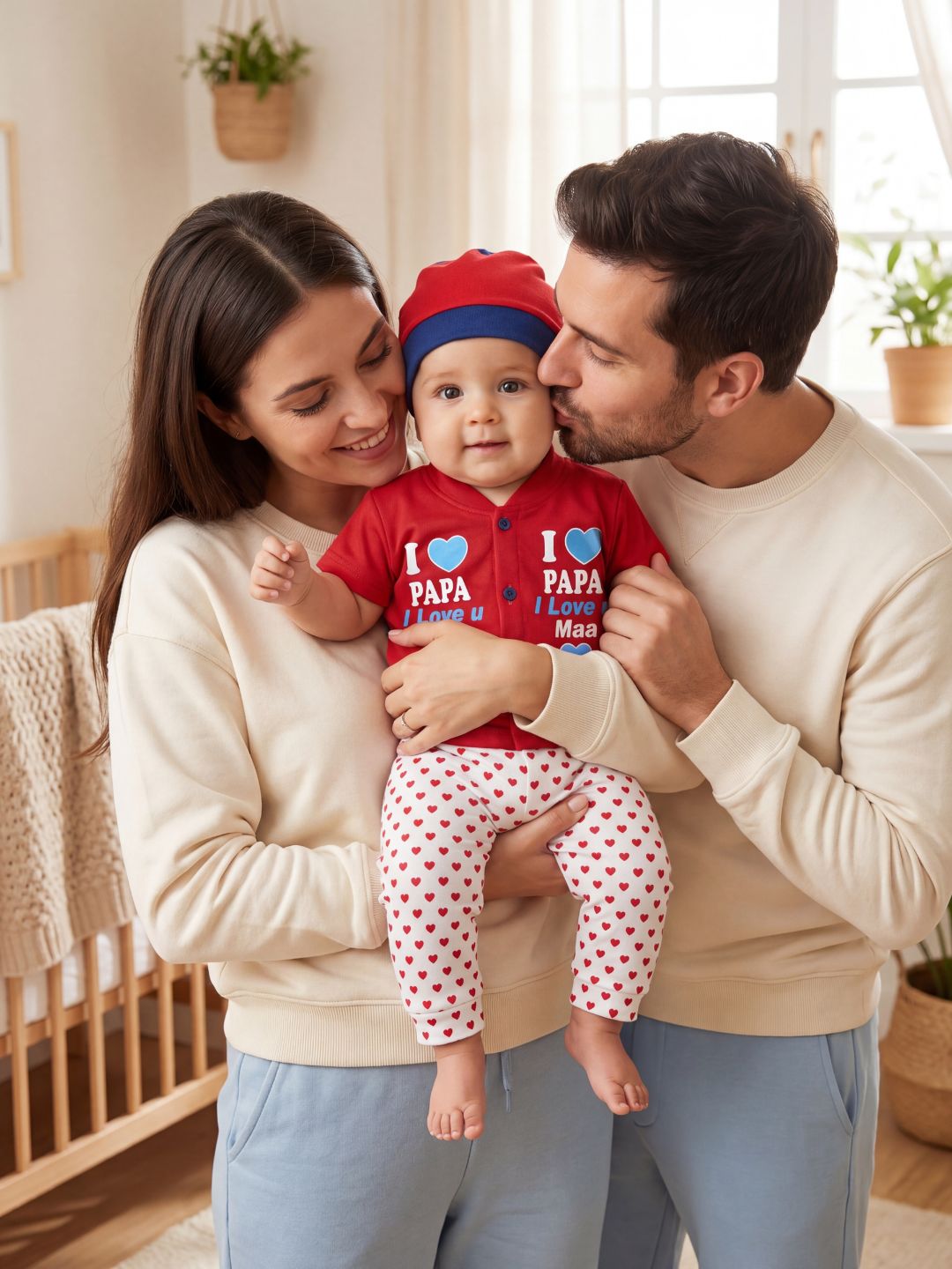 Cute "I Love Papa & Mama" 3-Piece Baby Outfit Set (Red) - Includes Shirt, Pants & Cap