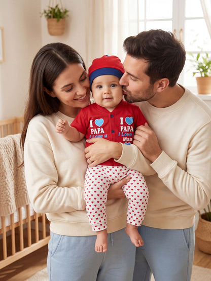Cute "I Love Papa & Mama" 3-Piece Baby Outfit Set (Red) - Includes Shirt, Pants & Cap