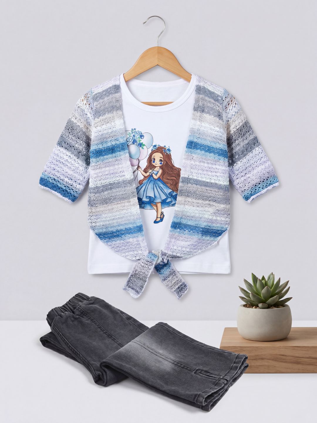 3-Piece Outfit Set: Graphic Tee, Striped Tie-Front Shrug & Faded Black Jeans
