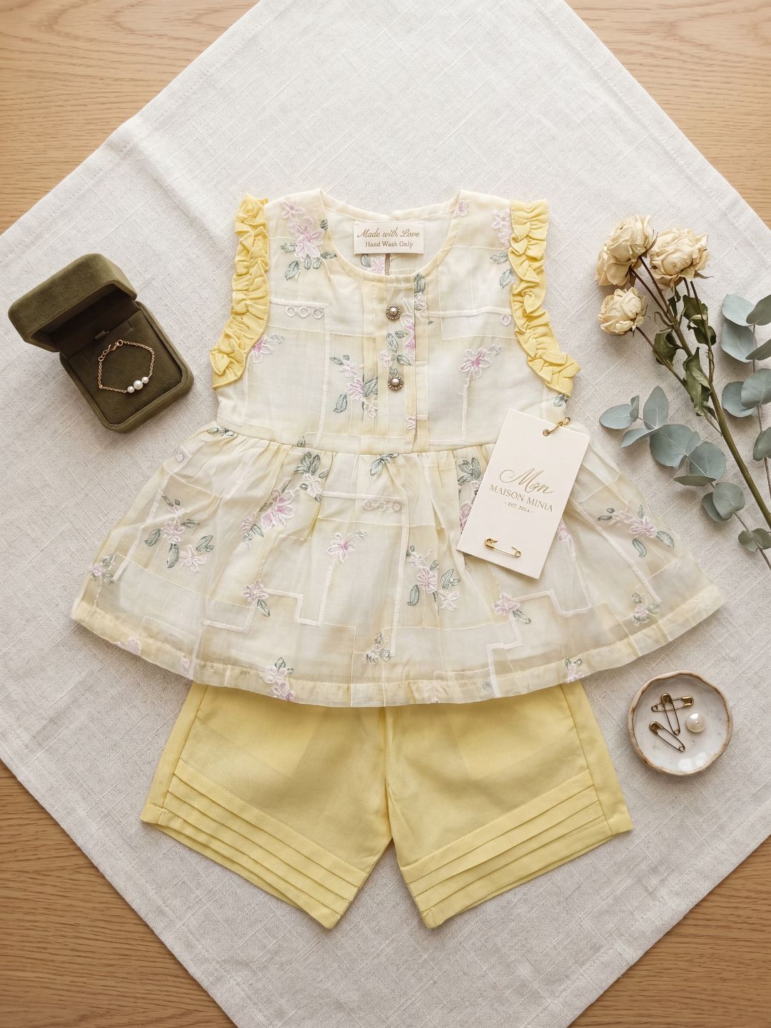 Girls Sweet Summer 2-Piece Set: Yellow Floral Peplum Top & Pleated Shorts