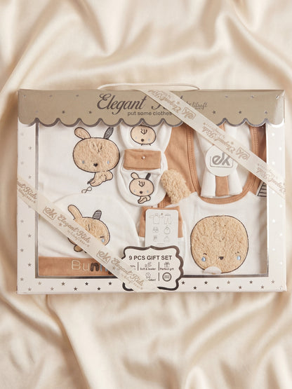 Newborn Baby 9Pcs Gift Set - Soft Cotton Bunny Collection (Size 0-6M)