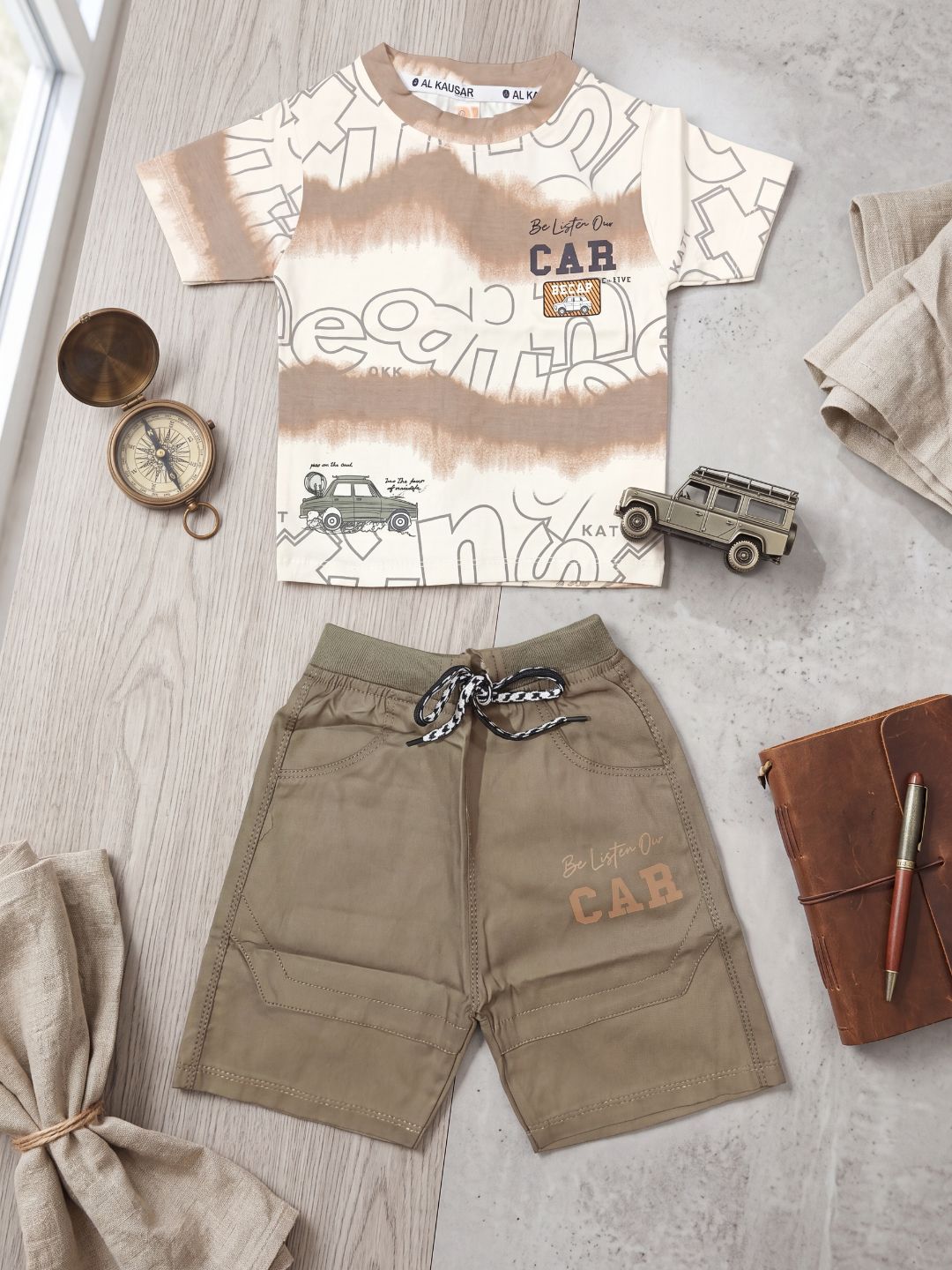 Premium Boys Vintage Car Graphic 2-Piece Summer Set – Beige & Khaki