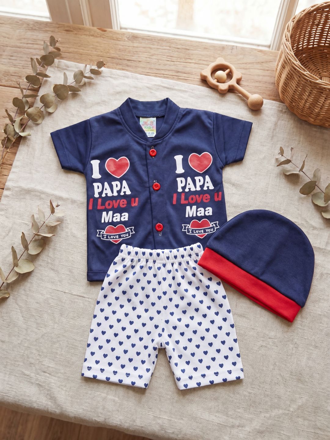 Cute "I Love Papa & Maa" 3-Piece Baby Outfit Set (Navy Blue) - Includes Shirt, Pants & Cap