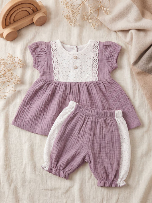 Girls Summer Crinkle Cotton Peplum Top and Shorts Outfit