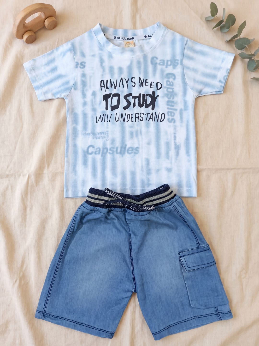Premium Boys Casual Summer 2-Piece Outfit: Blue Tie-Dye Graphic Tee & Denim-Style Shorts