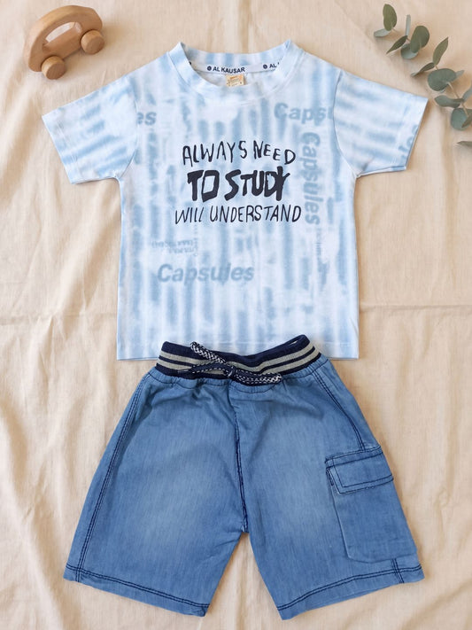 Premium Boys Casual Summer 2-Piece Outfit: Blue Tie-Dye Graphic Tee & Denim-Style Shorts