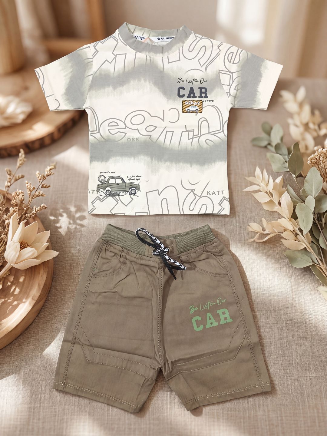 Premium Boys 2-Piece Vintage Car Graphic T-Shirt and Shorts Set – Olive & Khaki