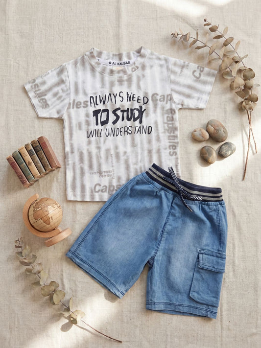 Premium Boys Casual Summer 2-Piece Set: Grey Tie-Dye Graphic Tee & Denim-Style Shorts
