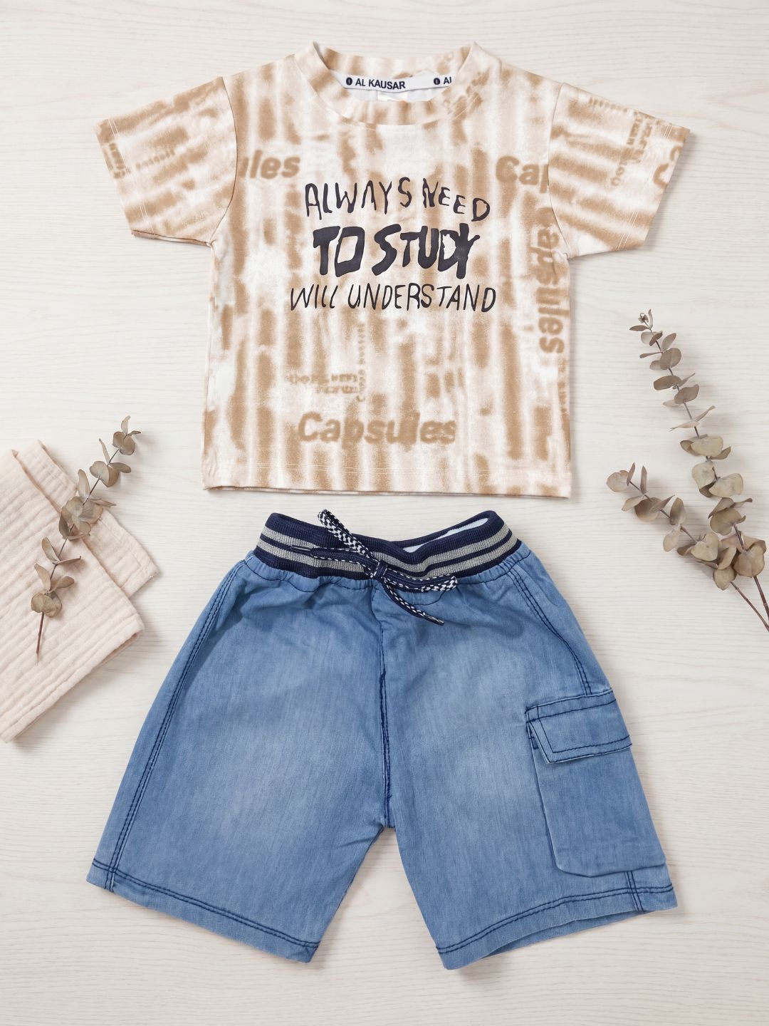 Premium Boys Casual Summer 2-Piece Set: Beige Tie-Dye Graphic Tee & Denim-Style Shorts