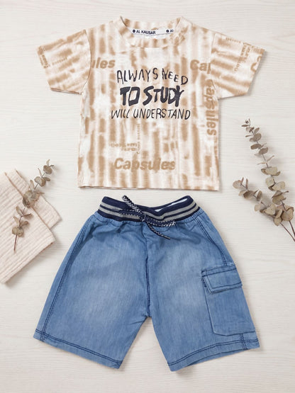 Premium Boys Casual Summer 2-Piece Set: Beige Tie-Dye Graphic Tee & Denim-Style Shorts