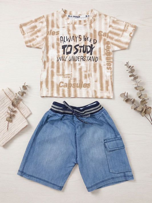 Premium Boys Casual Summer 2-Piece Set: Beige Tie-Dye Graphic Tee & Denim-Style Shorts