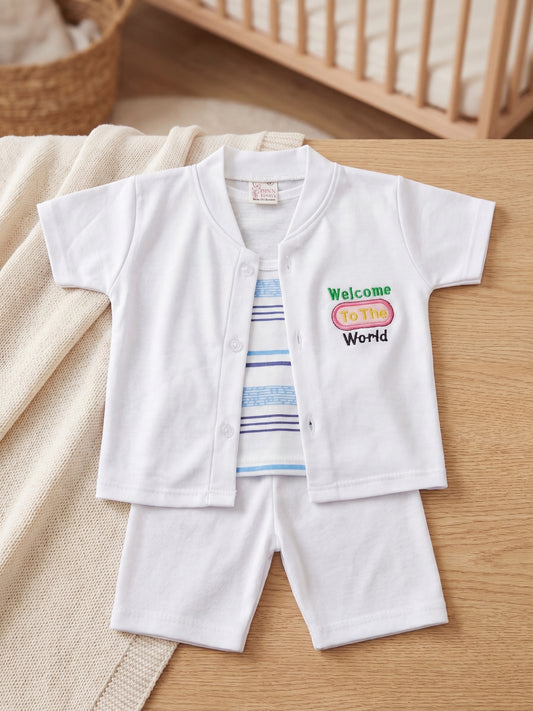 Premium Cotton Newborn Welcome Gift Set 3-Piece Baby Set - White Button Shirt, Shorts, & Striped