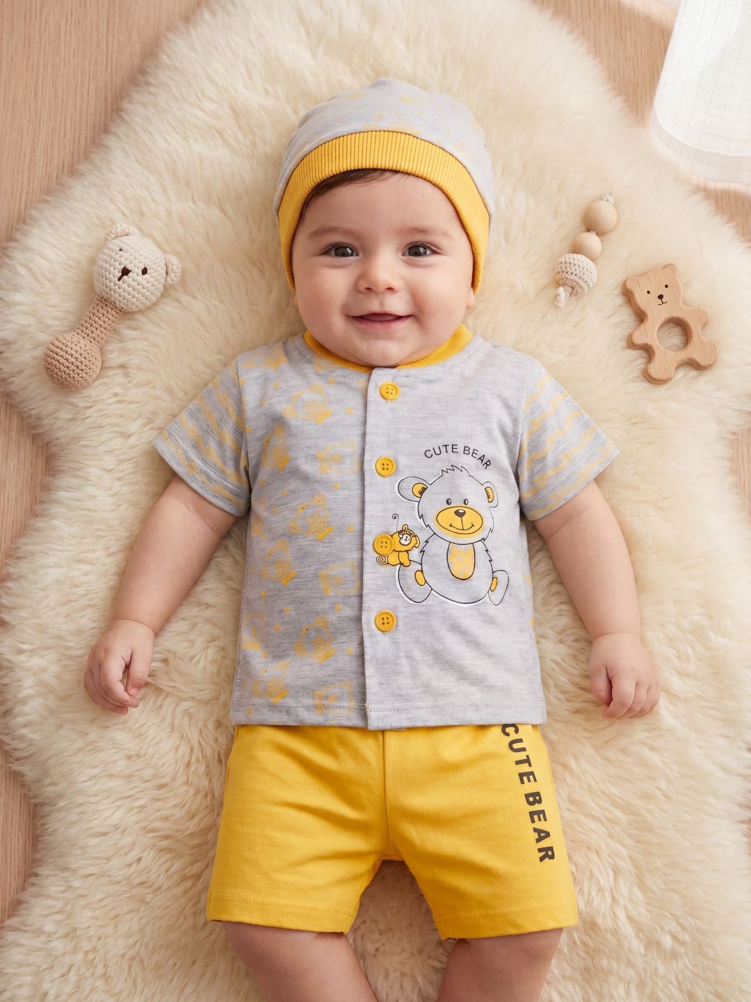 "Cute Bear" 3-Piece Baby Boy Summer Set (Shirt, Shorts & Cap) - Grey/Yellow