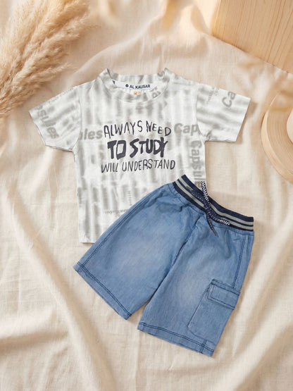 Premium Boys Casual Summer 2-Piece Set: Grey Tie-Dye Graphic Tee & Denim-Style Shorts